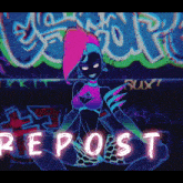 a glowing cartoon character with the word repost written below her