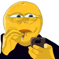 a yellow smiley face is smoking a cigarette while looking at his phone