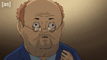 a cartoon of a bald man with glasses and a hand reaching out