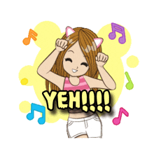 a girl with cat ears is surrounded by music notes and says yeah !!!