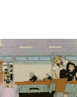 a group of people are sitting at desks in a classroom and one of them is holding a sword