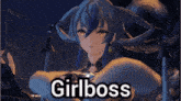 a picture of a girl with blue hair and the word girlboss on the bottom