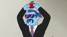 a cartoon character wearing sunglasses and a suit holds an apple over his head