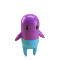 a purple and blue cartoon character with black eyes and blue legs