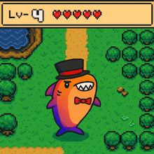 a pixel art of a shark wearing a top hat and bow tie with lv-9 written above it