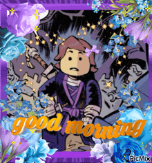 a picture of a girl with a sword and the words good morning