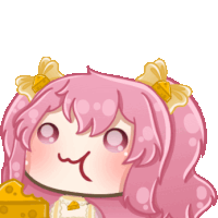 a cartoon girl with pink hair is eating cheese