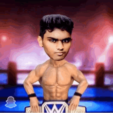 a cartoon of a shirtless man holding a wrestling belt with the letter w on it