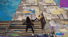 a screenshot of a video game shows a person standing on a wooden platform