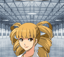 a girl with blonde hair and pigtails is standing in a warehouse