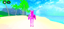 a pink horse is standing on a sandy beach