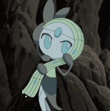 a cartoon character with a green scarf around her neck is standing on a rock