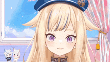 a girl with blonde hair and purple eyes is wearing a hat