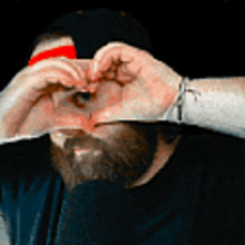 a man with a beard is making a heart shape with his hands over his face .