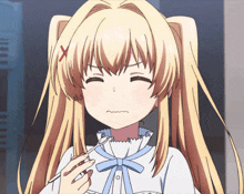 a blonde anime girl with a red x on her head is holding a spoon