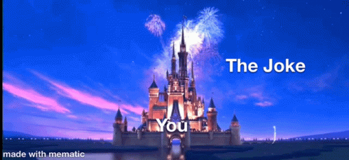 a disney castle with fireworks in the background and the joke written in white