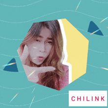 a woman 's face is surrounded by geometric shapes and a chilink logo