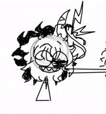 a black and white drawing of a monster holding a tomato flower