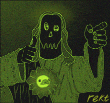 a drawing of jesus giving a thumbs up and holding a medal with a bird on it