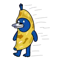 a cartoon drawing of a blue penguin dressed in a banana costume