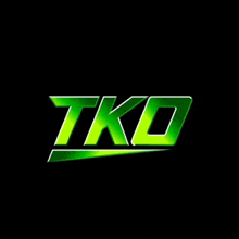a green and white logo for tko on a black background