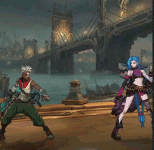 a video game scene with a man holding a sword and a woman with blue hair