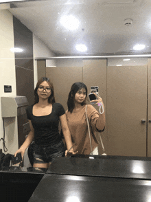 two women are taking a selfie in a public restroom