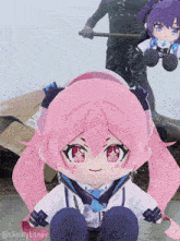 a stuffed doll with pink hair is sitting in front of a pile of boxes