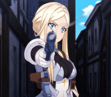a blonde anime girl with blue eyes is pointing a gun at the camera