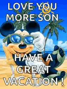 a picture of mickey mouse wearing sunglasses on a beach .
