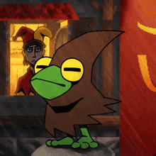 a cartoon drawing of a frog wearing a joker hat