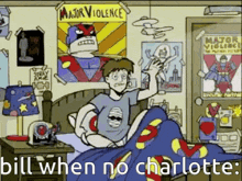 a cartoon of a boy laying in a bed with a poster that says major violence on it