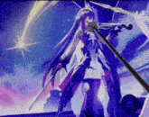a girl with purple hair is holding a violin and a sword