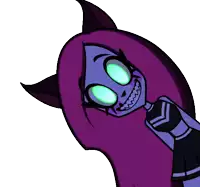 a cartoon of a girl with purple hair and green eyes