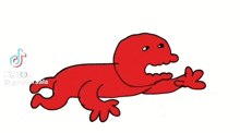 a cartoon drawing of a red lizard with a big mouth and arms .