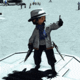 a cartoon character with a hat and scarf is holding a gun
