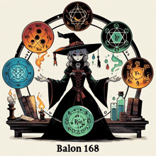a drawing of a witch with the number 168 on the bottom right