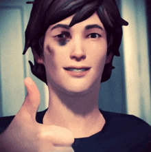 a man with a black spot on his face gives a thumbs up