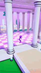 a computer generated image of a room with columns and a checkerboard floor