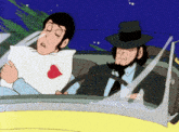 a cartoon of two men in a car with one sleeping