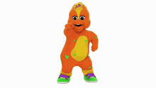 a stuffed animal with a yellow and orange body and green shoes