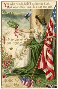 a memorial day postcard with a woman holding an american flag