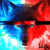 a painting of a red and blue wolf with w26 written on the bottom right