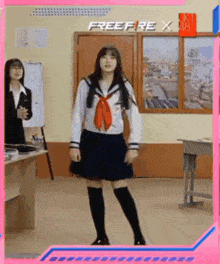 a girl in a school uniform is dancing in a room with a free fire logo on the wall behind her .