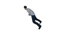 a man in a blue shirt is doing a handstand on his back