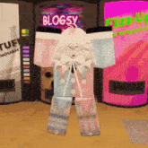 a girl in a clown costume stands in front of a vending machine that says blogsy