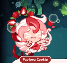 a cartoon character with the name pavlova cookie on the bottom right