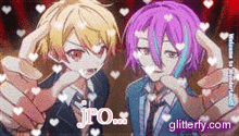 a couple of anime characters standing next to each other with hearts surrounding them .