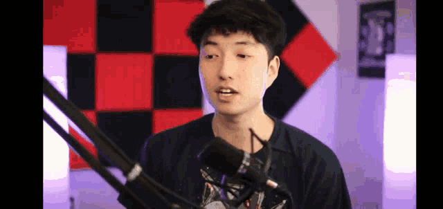a young man is standing in front of a microphone in a room .