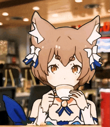 a cartoon drawing of a girl with a cat 's ears drinking from a cup